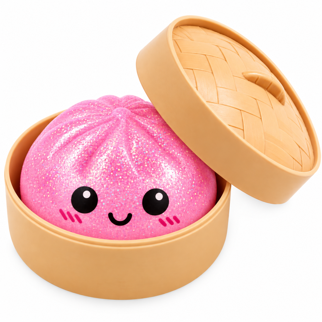 Squishy dumpling rose dans sa boîte bambou